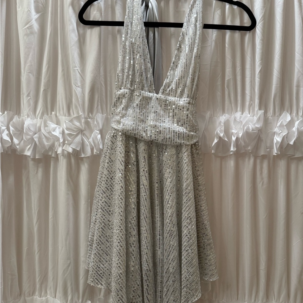 Elegant Silver Sequin Halter Dress